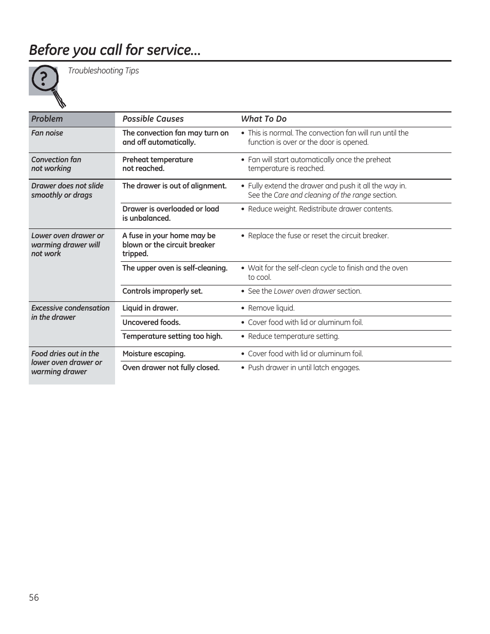 Before you call for service | GE C2S985SETSS User Manual | Page 56 / 120