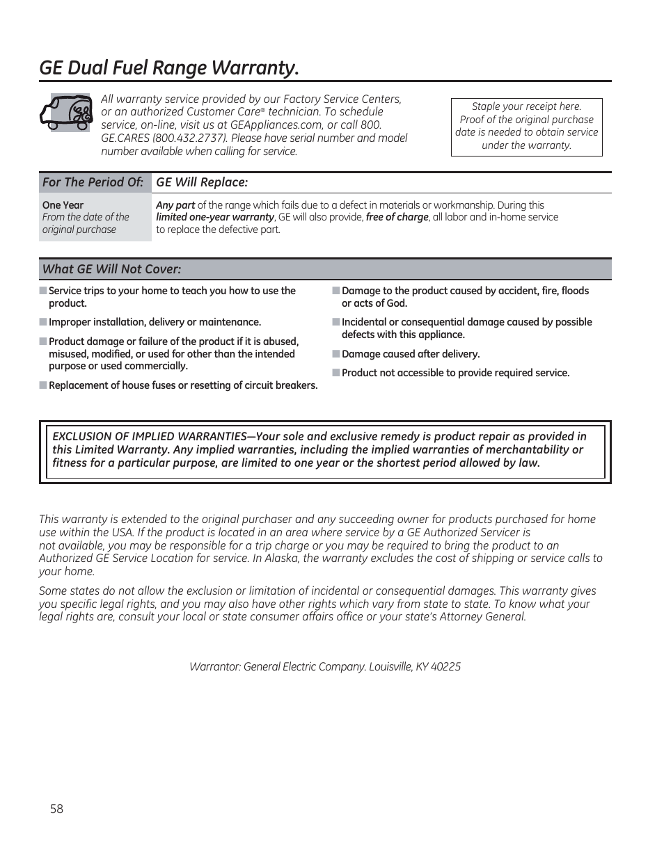 Ge dual fuel range warranty | GE C2S985SETSS User Manual | Page 58 / 120