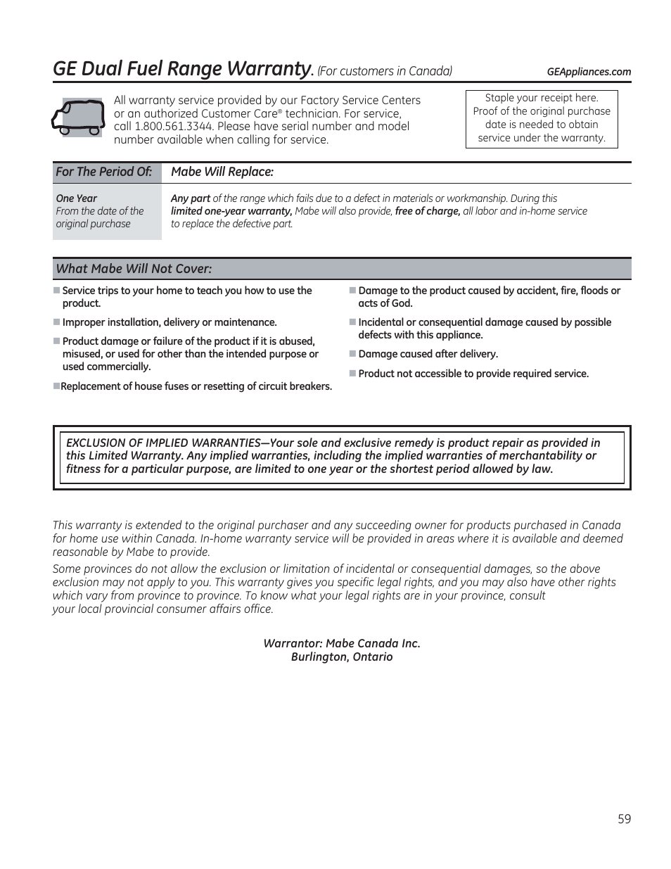 For the period of: habe will replace, What mabe will not cover, Ge dual fuel range warranty | GE C2S985SETSS User Manual | Page 59 / 120