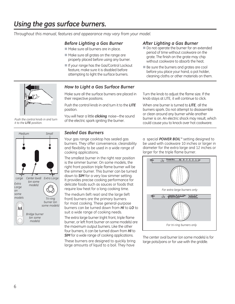 Using the gas surface burners, Before lighting a gas burner, After lighting a gas burner | How to light a gas surface burner, Sealed gas burners | GE C2S985SETSS User Manual | Page 6 / 120
