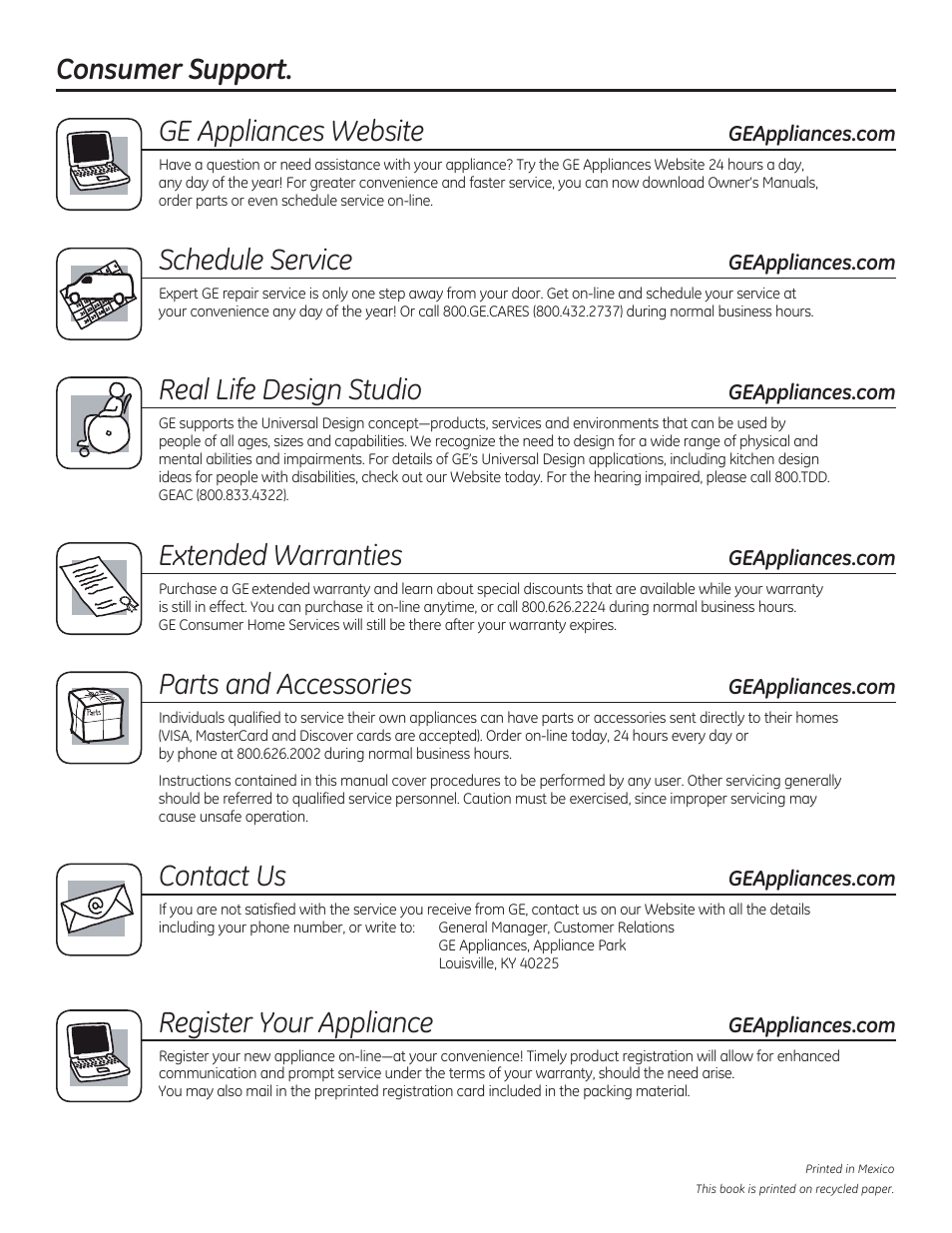 Consumer support, Ge appliances website, Schedule service | Real life design studio, Extended warranties, Parts and accessories, Contact us, Register your appliance | GE C2S985SETSS User Manual | Page 60 / 120