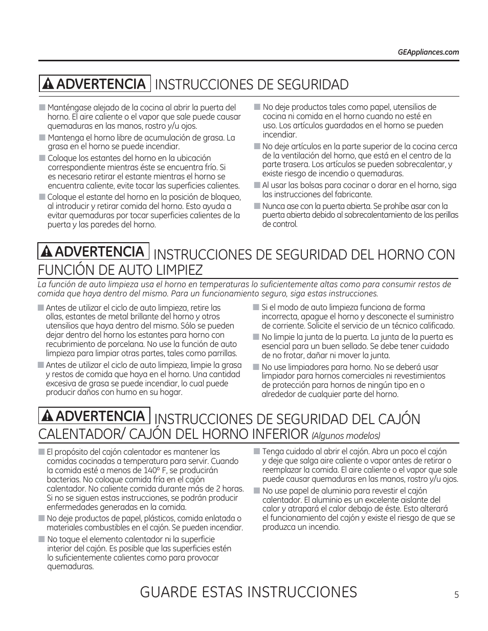 Instrucciones de seguridad del horno con, Funcion de auto limpiez, Instrucciones de seguridad del cajon | Instrucciones de, Seguridad, Guarde estas instrucciones, Advertencia | GE C2S985SETSS User Manual | Page 65 / 120