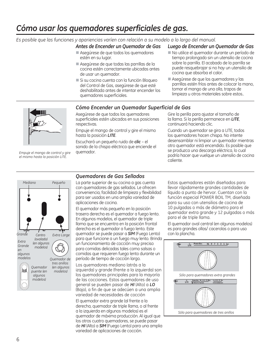 Cómo usar los quemadores superficiales de gas, Antes de encender un quemador de gas, Luego de encender un quemador de gas | Cómo encender un quemador superficial de gas, Quemadores de gas sellados | GE C2S985SETSS User Manual | Page 66 / 120