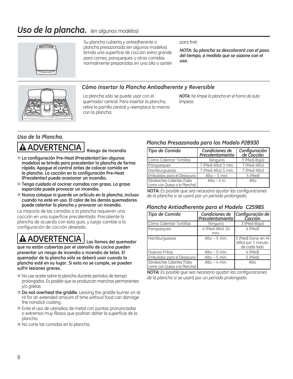 Uso de la plancha, Plancha presazonada para los modelo p2b930, Plancha antiadherente para el modelo c2s985 | A advertencia, En algunos modelos) | GE C2S985SETSS User Manual | Page 68 / 120