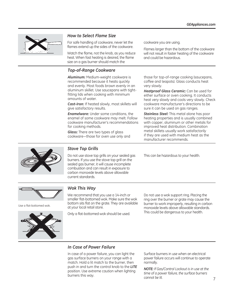 How to select flame size, Top-of-range cookware, Stove top grills | Wok this way, In case of power failure | GE C2S985SETSS User Manual | Page 7 / 120