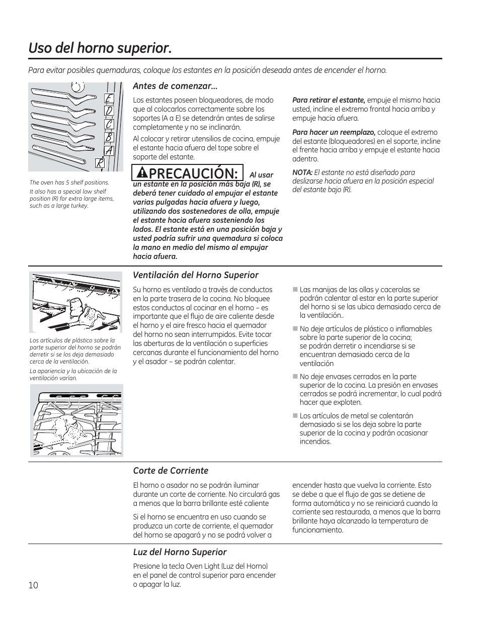 Uso del horno superior, Antes de comenzar, A precaución | Ventilación del horno superior, Corte de corriente, Luz del horno superior | GE C2S985SETSS User Manual | Page 70 / 120