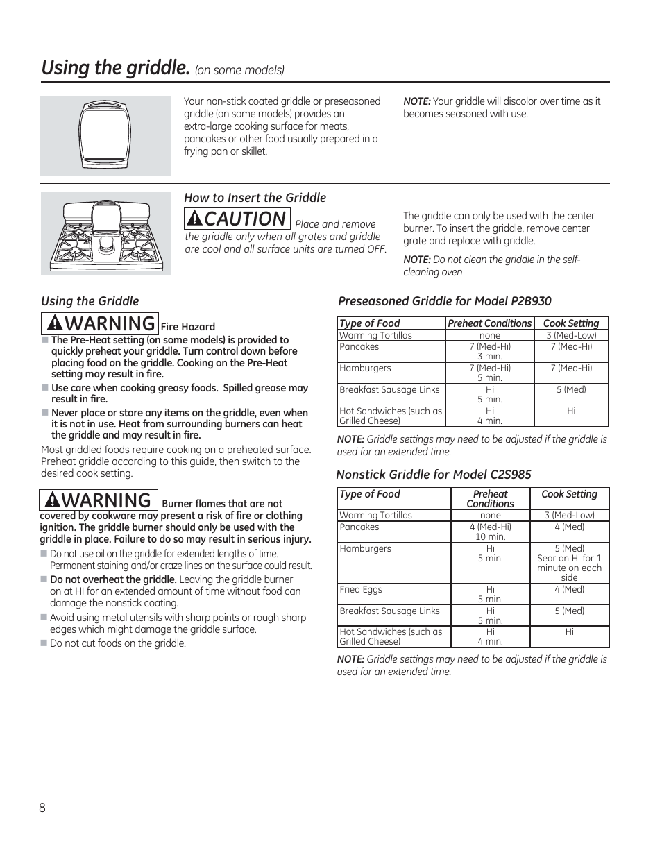 Using the griddle, (on some models), How to insert the griddle, Preseasoned griddle for model p2b930 | Áwarning, Nonstick griddle for model c2s985, Using the griddle | GE C2S985SETSS User Manual | Page 8 / 120