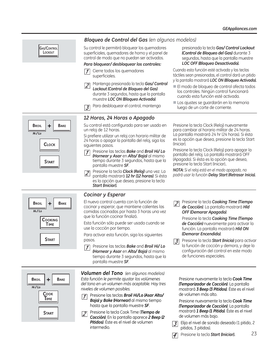 Bloqueo de control del gas (en algunos modelos), 12 horas, 24 horas o apagado, Cocinar y esperar | GE C2S985SETSS User Manual | Page 83 / 120