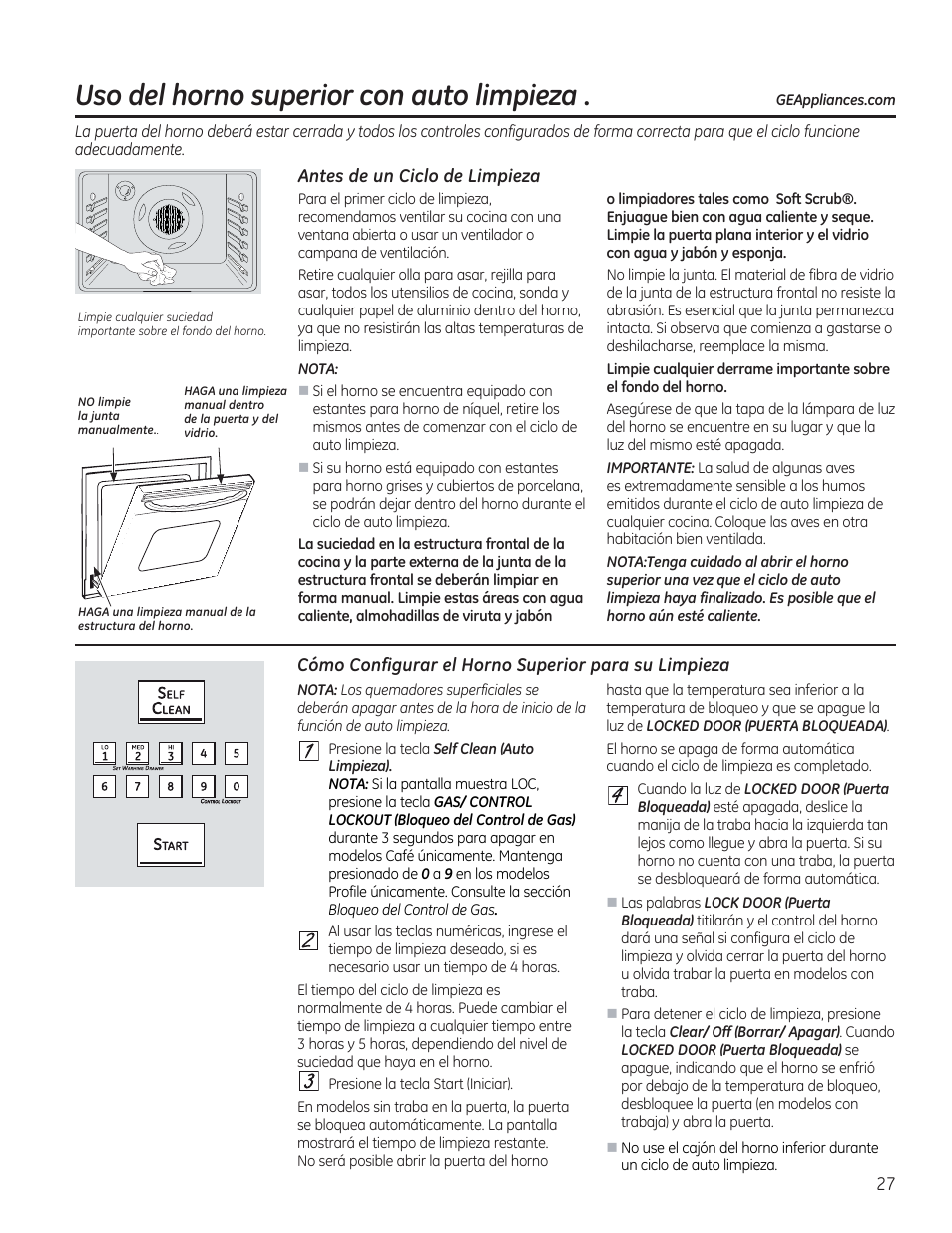 Antes de un ciclo de limpieza, Cómo configurar el horno superior para su limpieza, 0 h h h | Uso del horno superior con auto limpieza, H h h | GE C2S985SETSS User Manual | Page 87 / 120