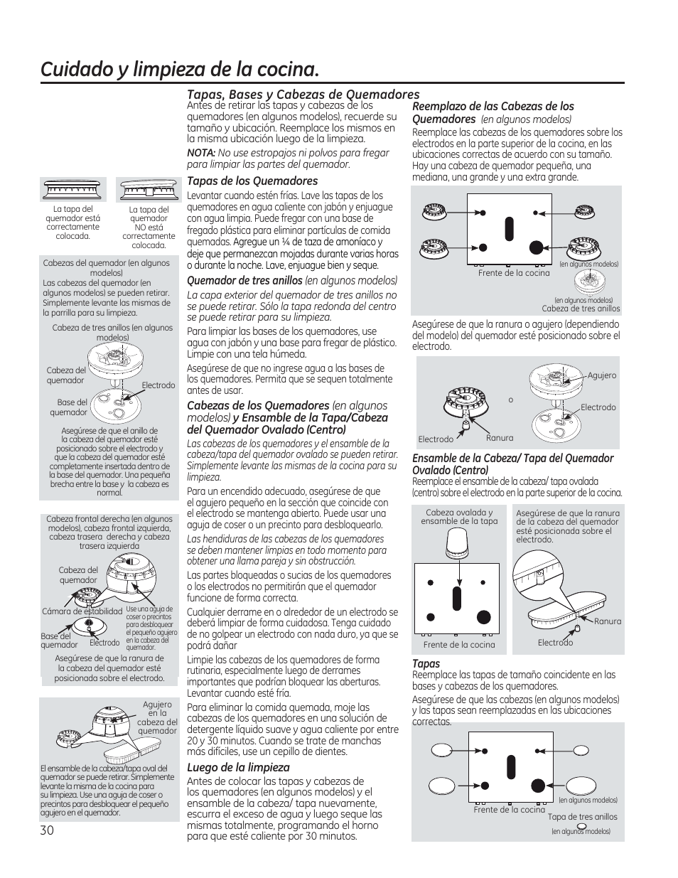Tapas, bases y cabezas de quemadores, Cuidado y limpieza de la cocina, Quemadores | Reemplazo de las cabezas de los, Tapas de los quemadores, Cabezas de los quemadores, Luego de la limpieza | GE C2S985SETSS User Manual | Page 90 / 120