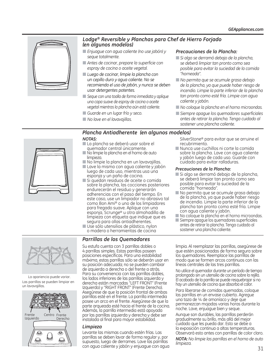 Plancha antiadherente (en algunos modelos), Parrillas de los quemadores | GE C2S985SETSS User Manual | Page 91 / 120