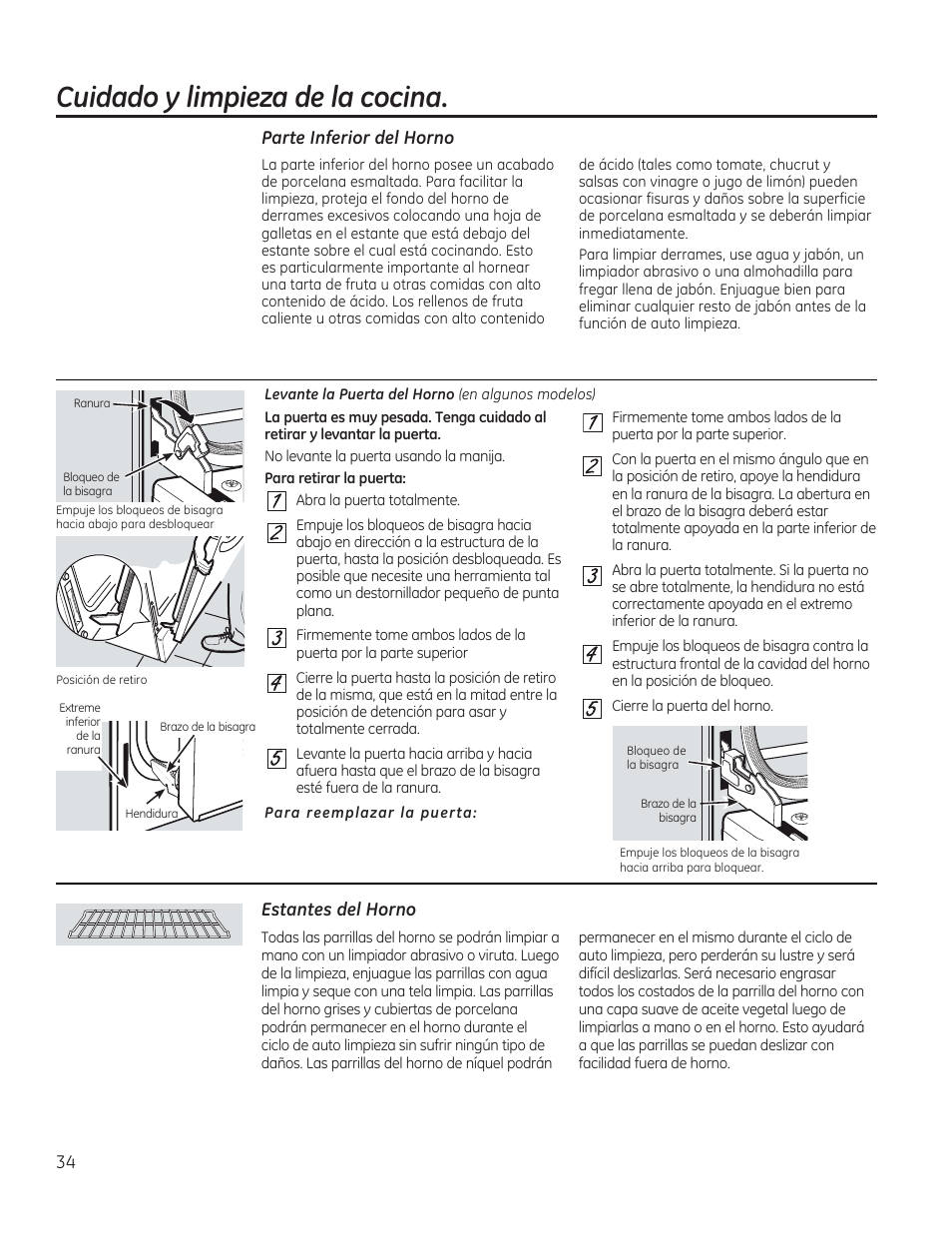 Parte inferior del horno, Estantes del horno, Ventiladores del horno | Cuidado y limpieza de la cocina | GE C2S985SETSS User Manual | Page 94 / 120