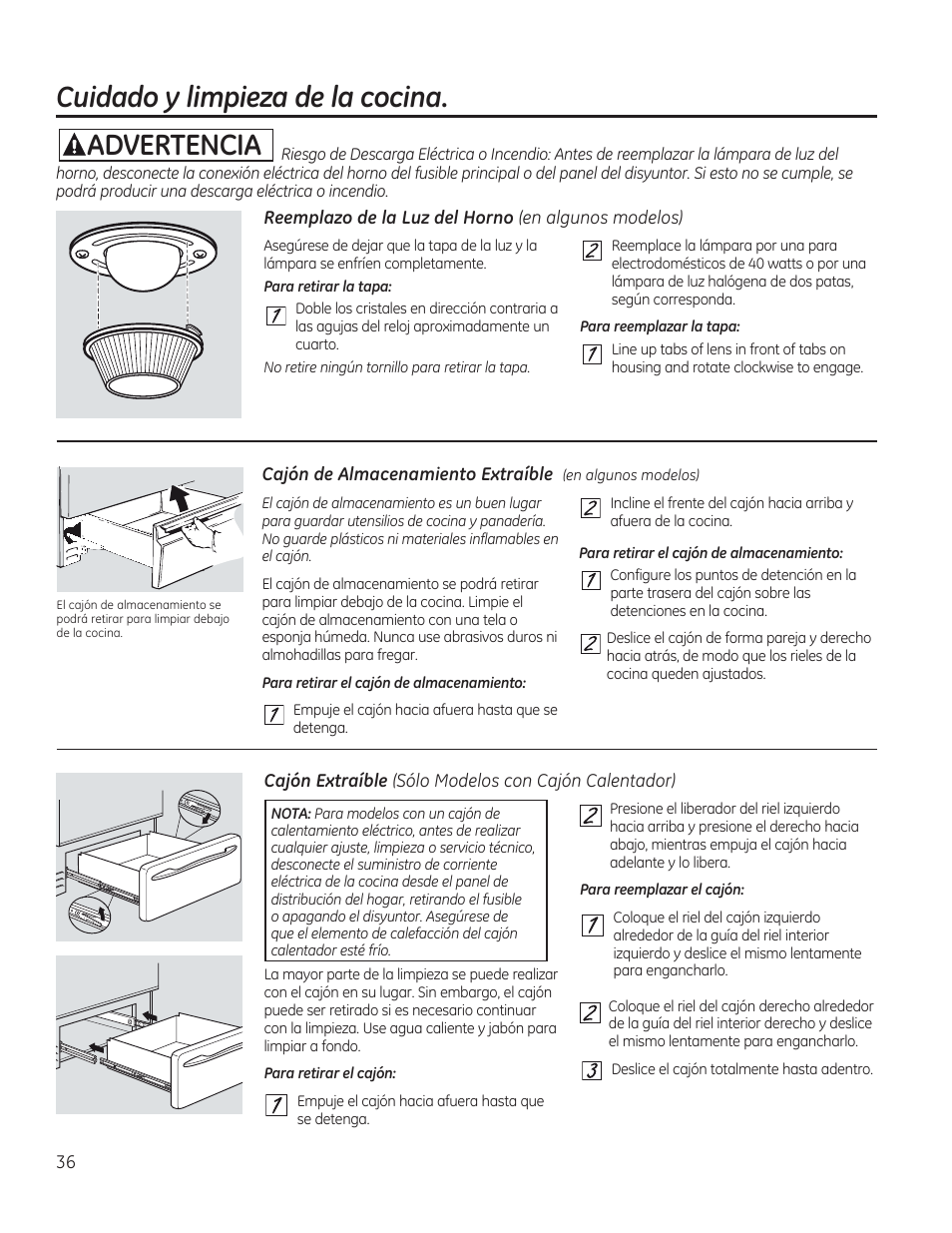 Reemplazo de la luz del horno (en algunos modelos), Cuidado y limpieza de la cocina. aadvertencia | GE C2S985SETSS User Manual | Page 96 / 120