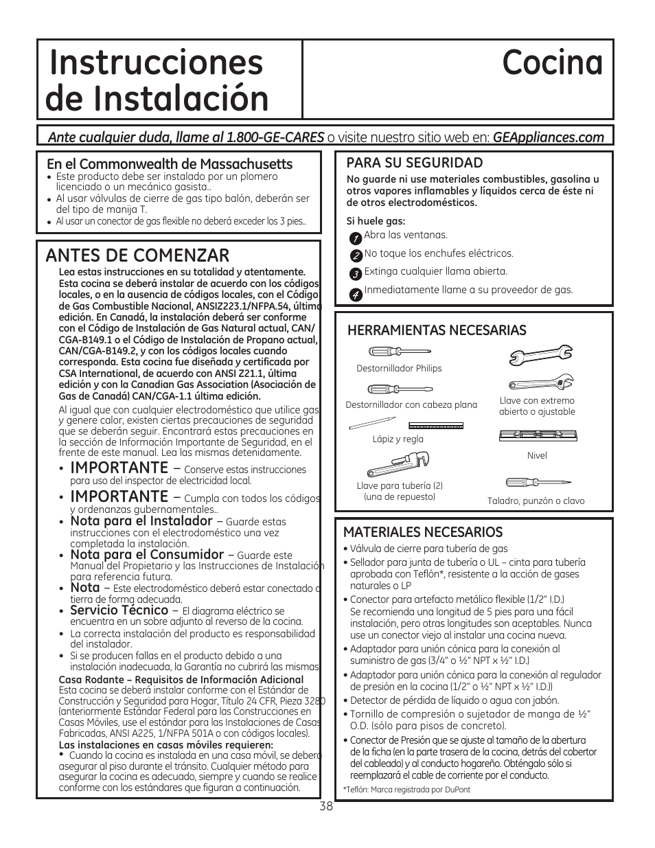Para su seguridad, Materiales necesarios, Instrucciones cocina de instalación | Importante, Antes de comenzar | GE C2S985SETSS User Manual | Page 98 / 120