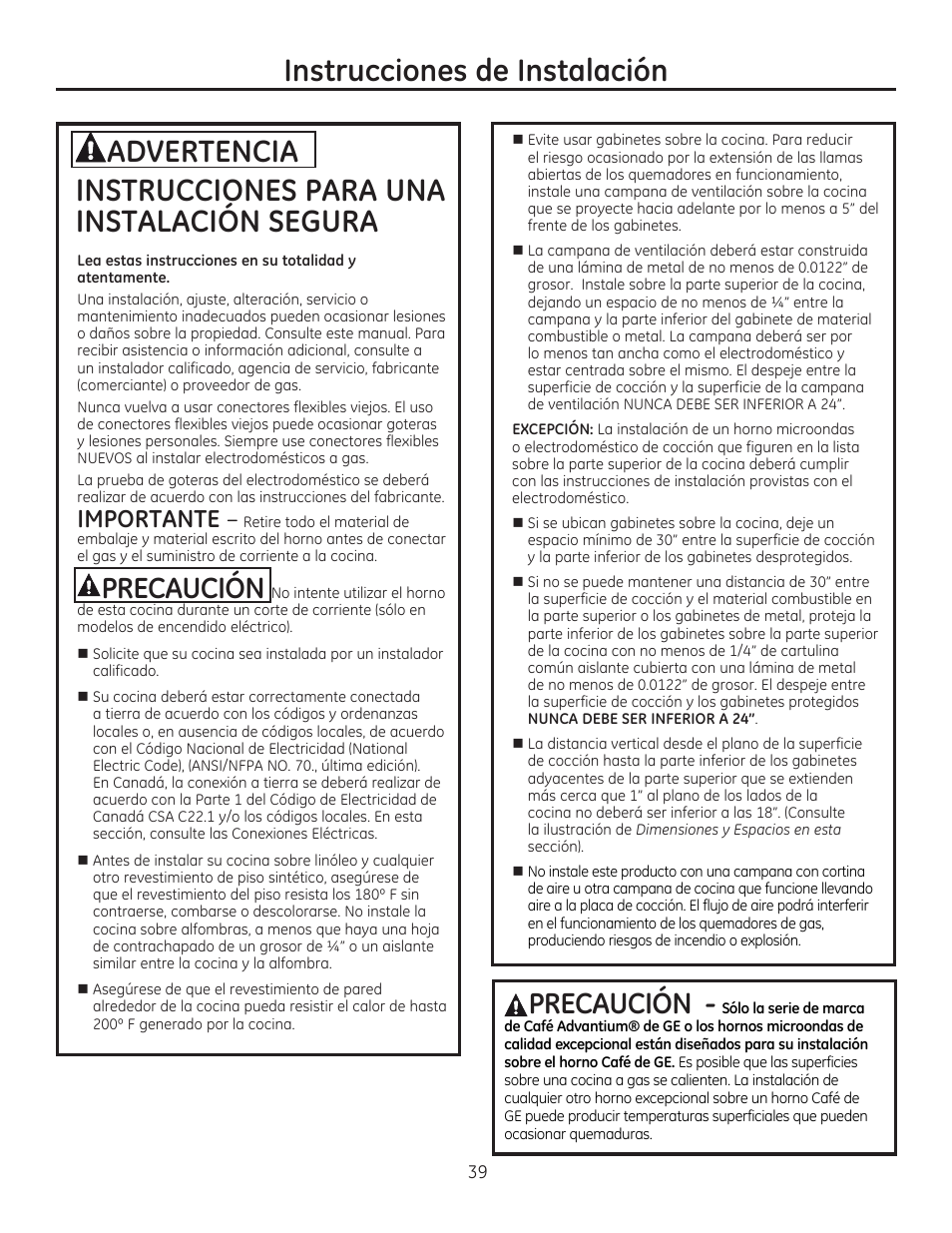 Instrucciones para una instalación segura, Instrucciones de instalación, Importante | Aprecaucion, Advertencia, Precaución | GE C2S985SETSS User Manual | Page 99 / 120