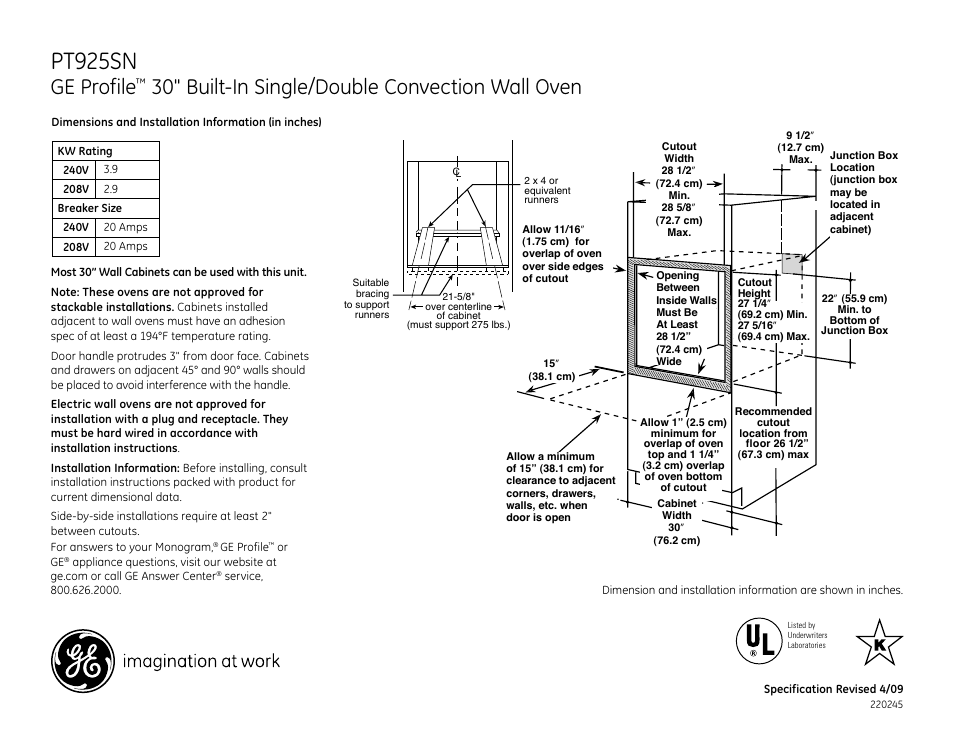 GE PT925SNSS User Manual | 3 pages