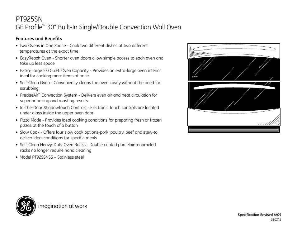 Pt925sn, Ge profile, 30" built-in single/double convection wall oven | GE PT925SNSS User Manual | Page 3 / 3