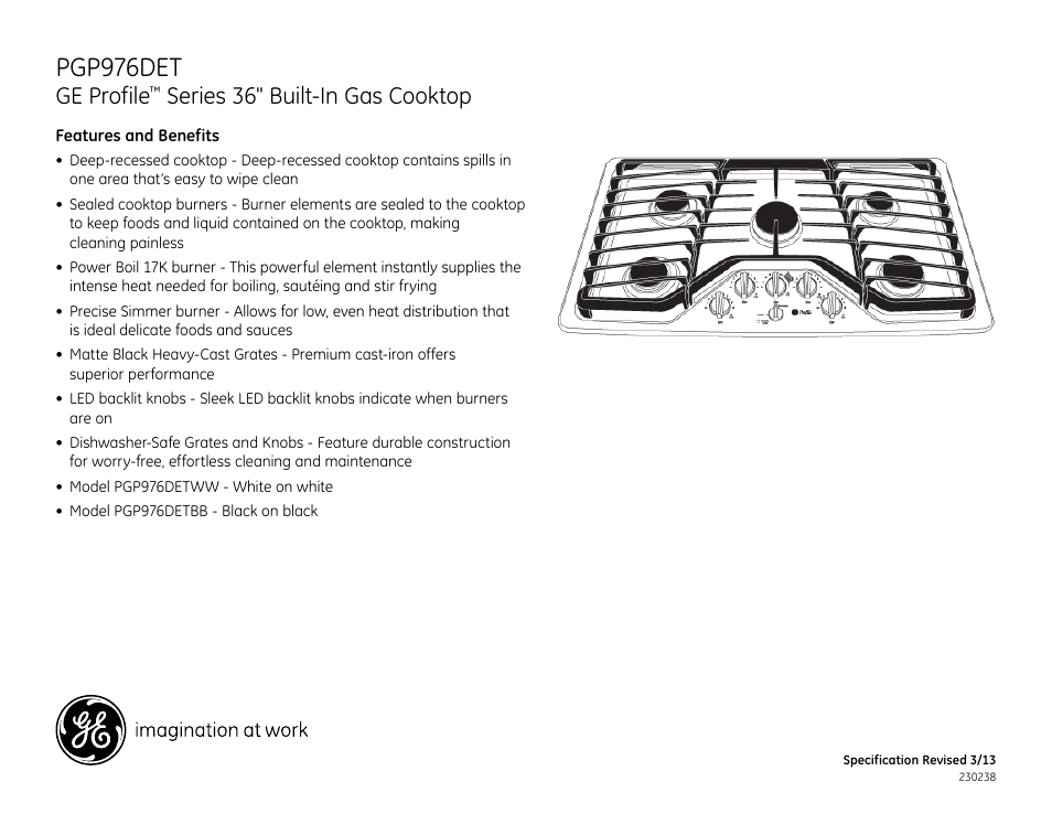 Pgp976det, Ge profile, Series 36" built-in gas cooktop | GE PGP976DETBB User Manual | Page 2 / 2