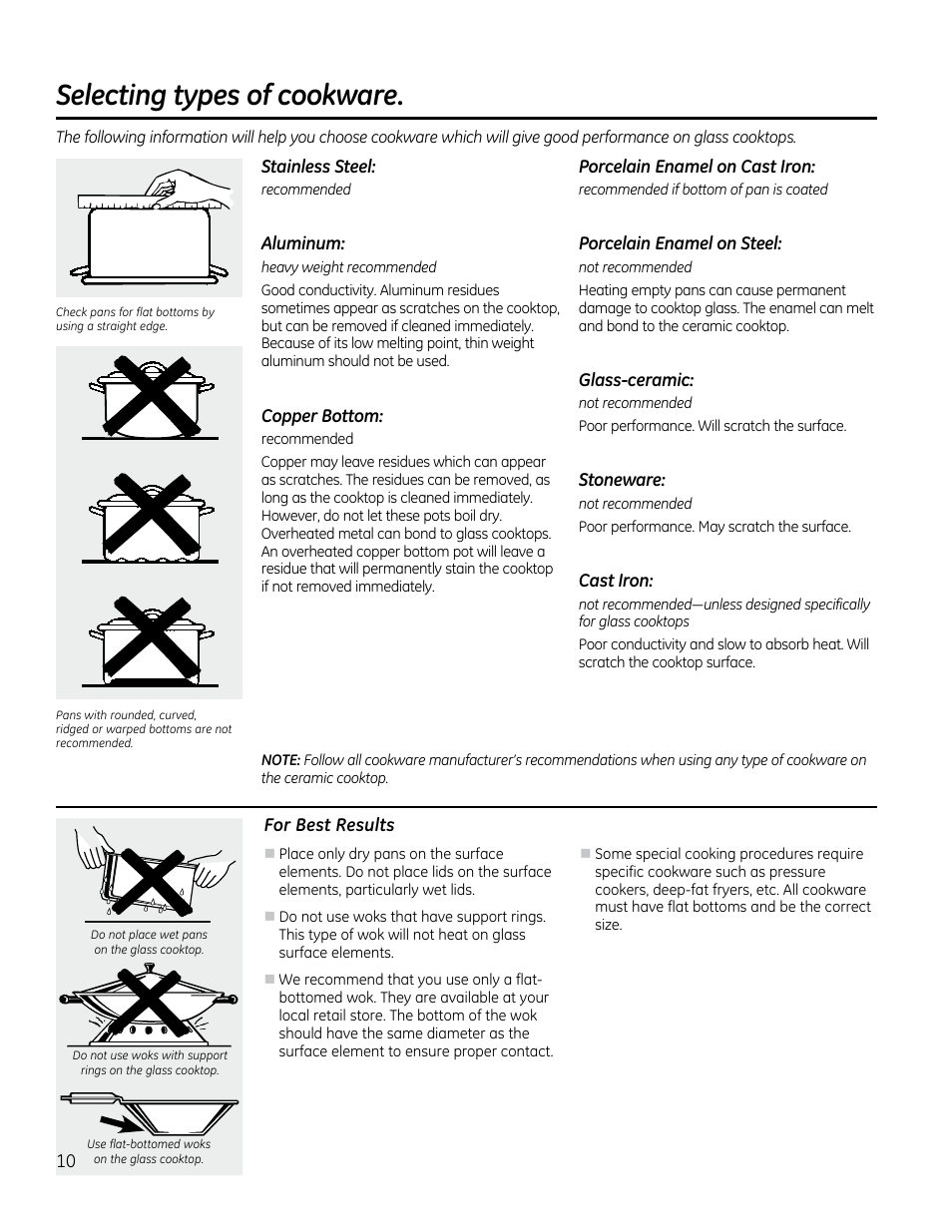 Cookware.tips ,.11, Selecting types of cookware | GE PP912SMSS User Manual | Page 10 / 36