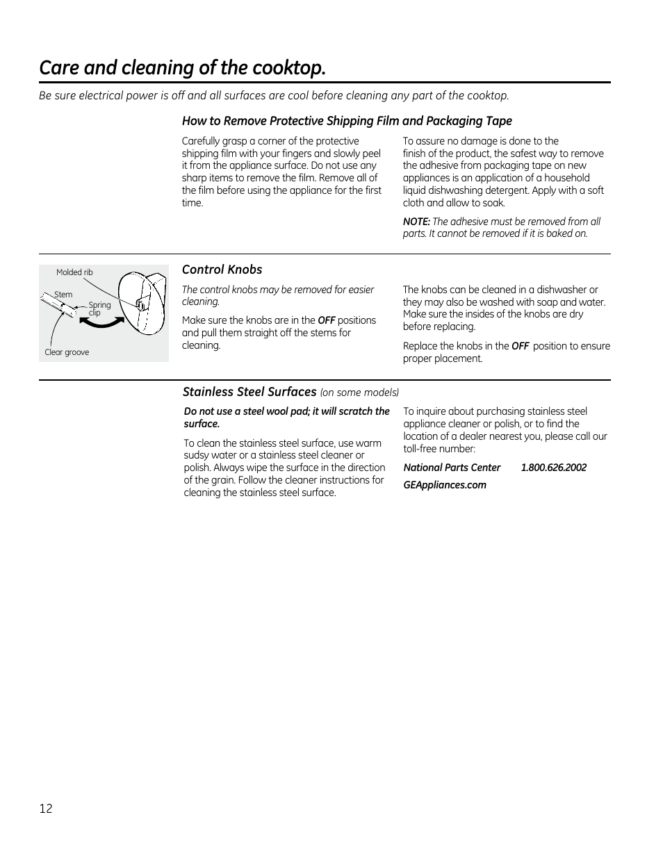 Control.knobs, Stainless.steel.surfaces, Care and cleaning of the cooktop | GE PP912SMSS User Manual | Page 12 / 36