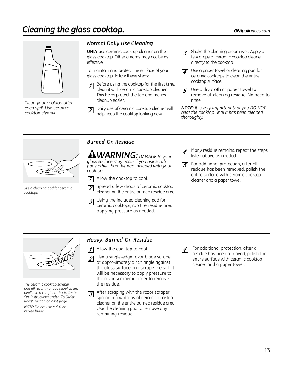 Glass.cooktop ,.14, Cleaning the glass cooktop, Warning | GE PP912SMSS User Manual | Page 13 / 36