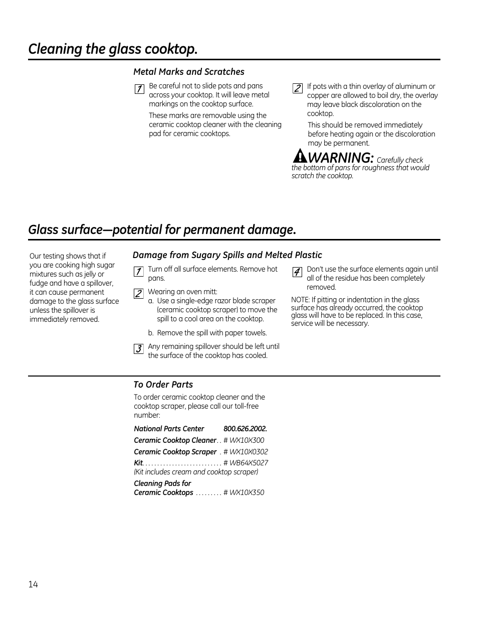 Cleaning the glass cooktop, Warning, Glass surface—potential for permanent damage | GE PP912SMSS User Manual | Page 14 / 36