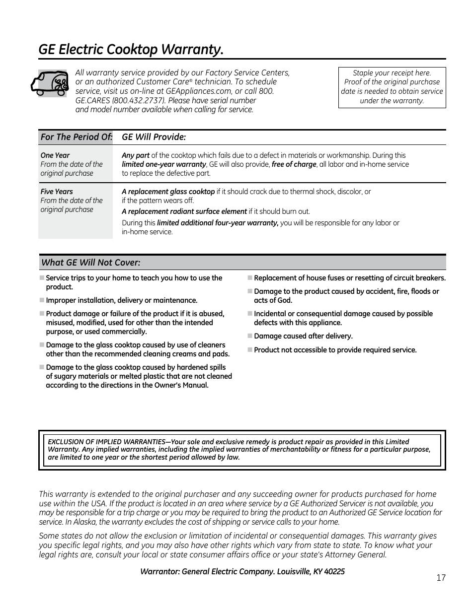 Warranty, Ge electric cooktop warranty | GE PP912SMSS User Manual | Page 17 / 36