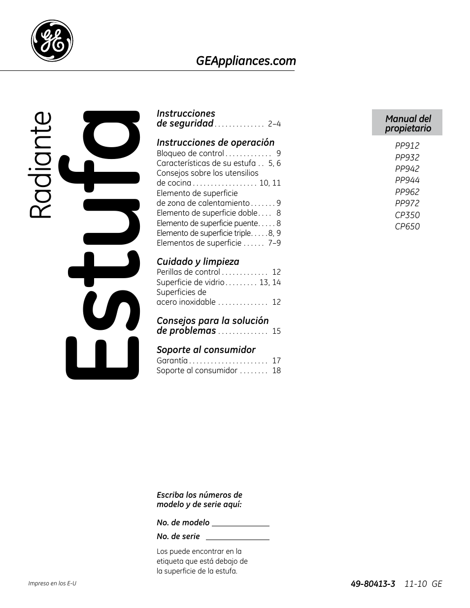 80413-3_lores sp, Es tu fa, Rad ia nt e | GE PP912SMSS User Manual | Page 19 / 36