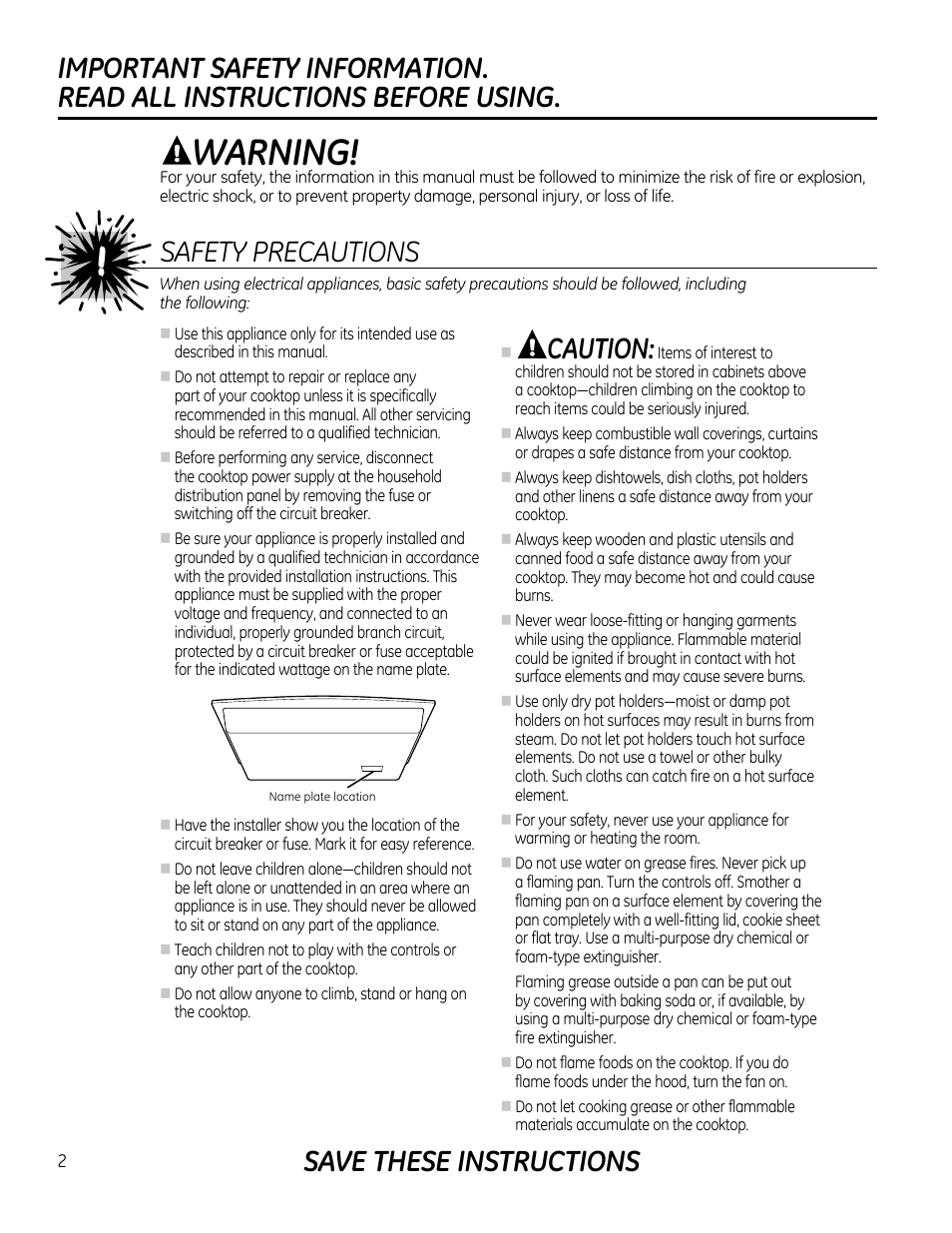 Safety instructions, Warning, Caution | Safety precautions, Save these instructions | GE PP912SMSS User Manual | Page 2 / 36