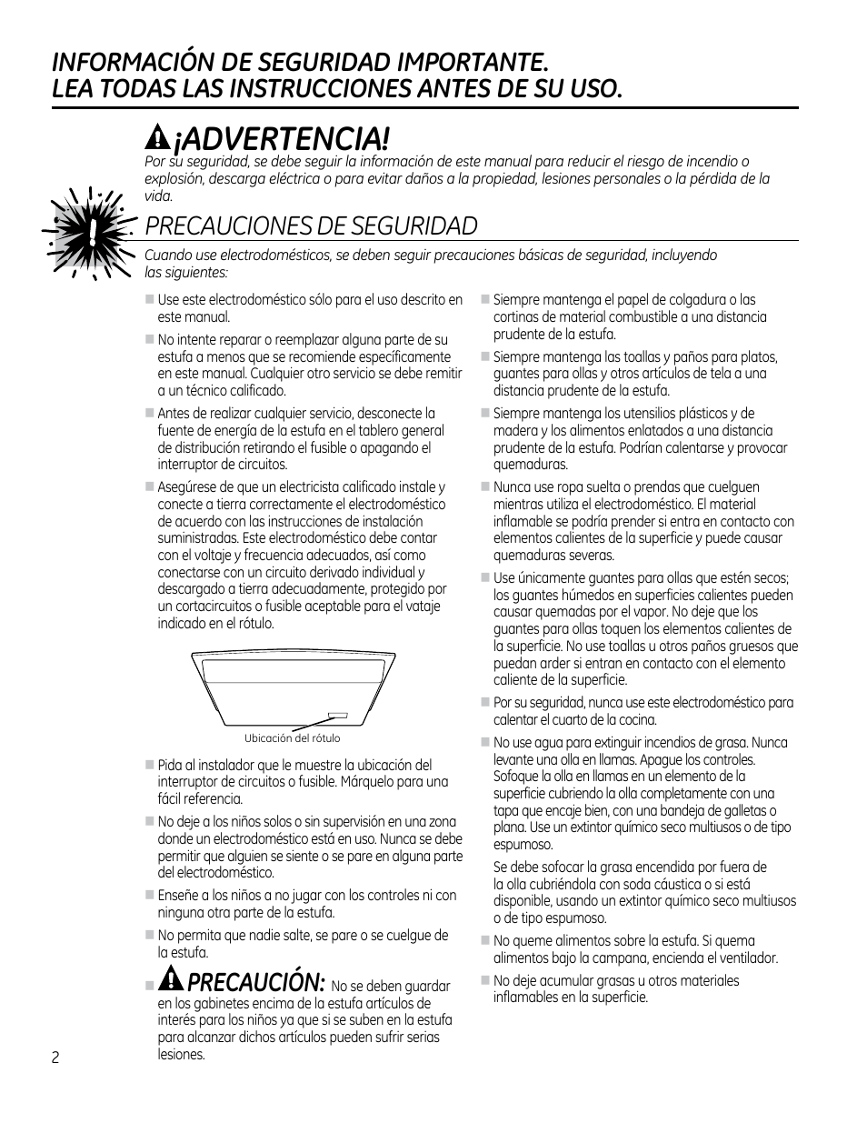 Instrucciones, De seguridad, Advertencia | Precaución, Precauciones de seguridad | GE PP912SMSS User Manual | Page 20 / 36