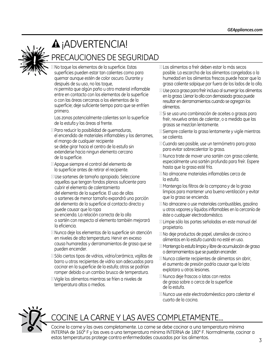 Advertencia, Cocine la carne y las aves completamente, Precauciones de seguridad | GE PP912SMSS User Manual | Page 21 / 36