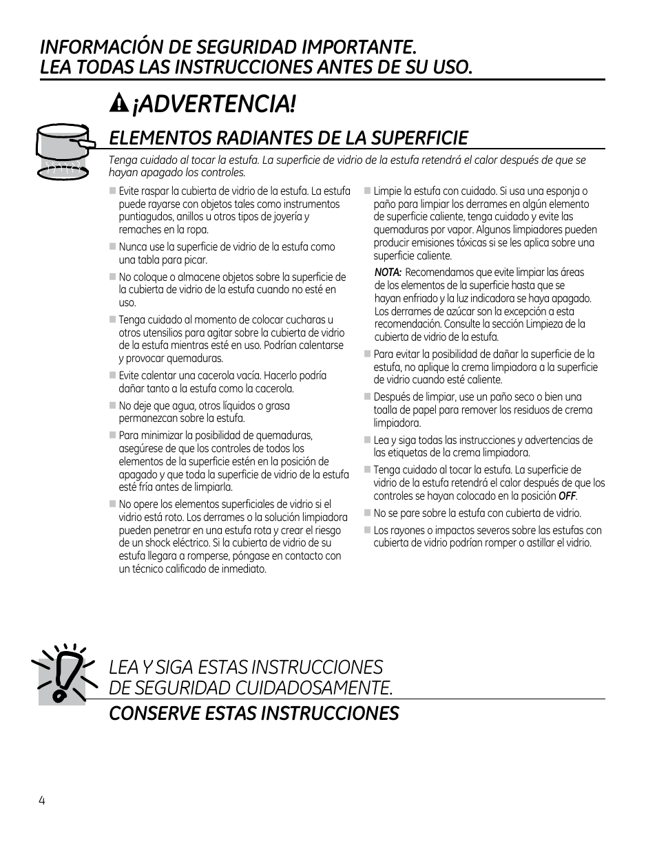 Advertencia, Elementos radiantes de la superficie | GE PP912SMSS User Manual | Page 22 / 36