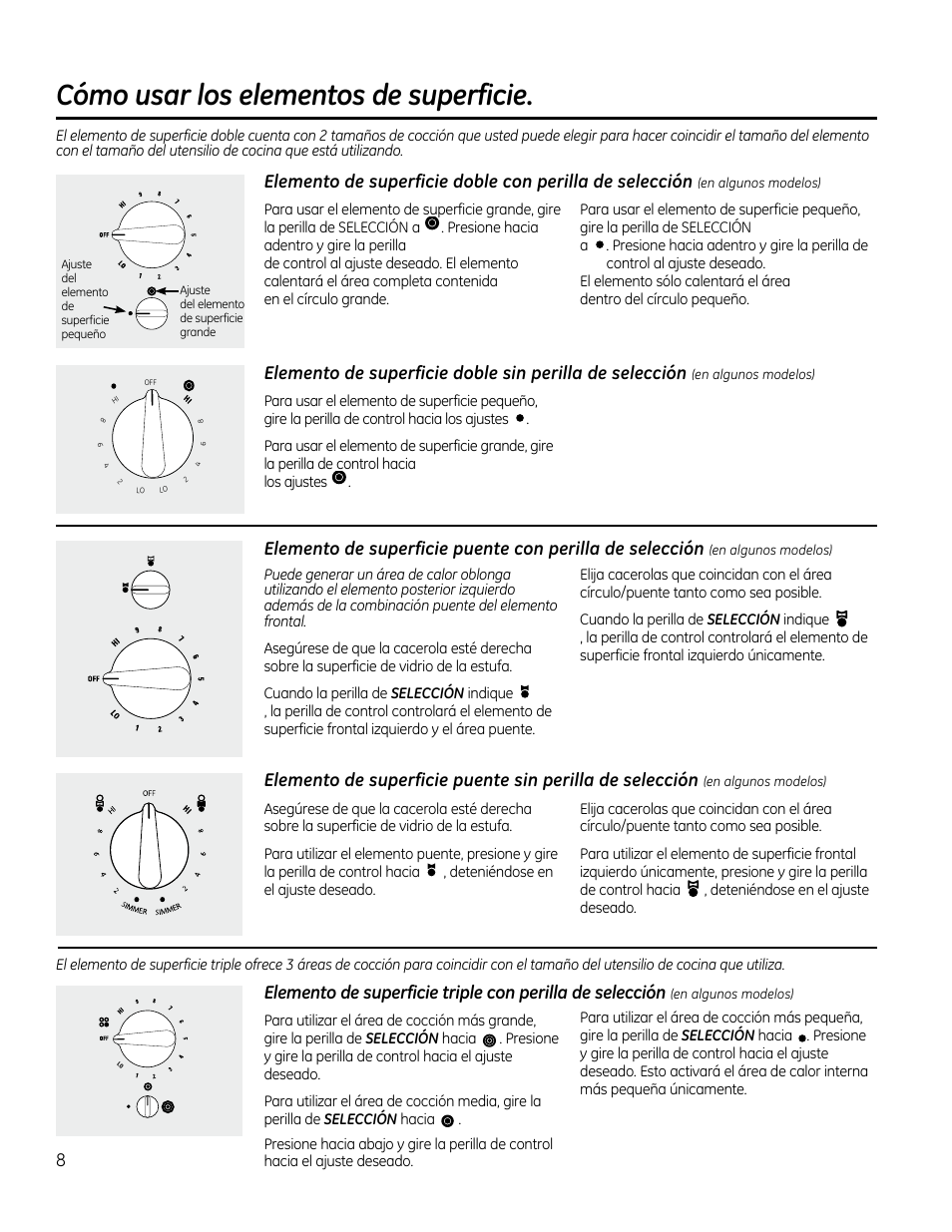 Elemento de superficie doble, Elemento de superficie puente, Elemento de superficie triple , 9 | Cómo usar los elementos de superficie | GE PP912SMSS User Manual | Page 26 / 36