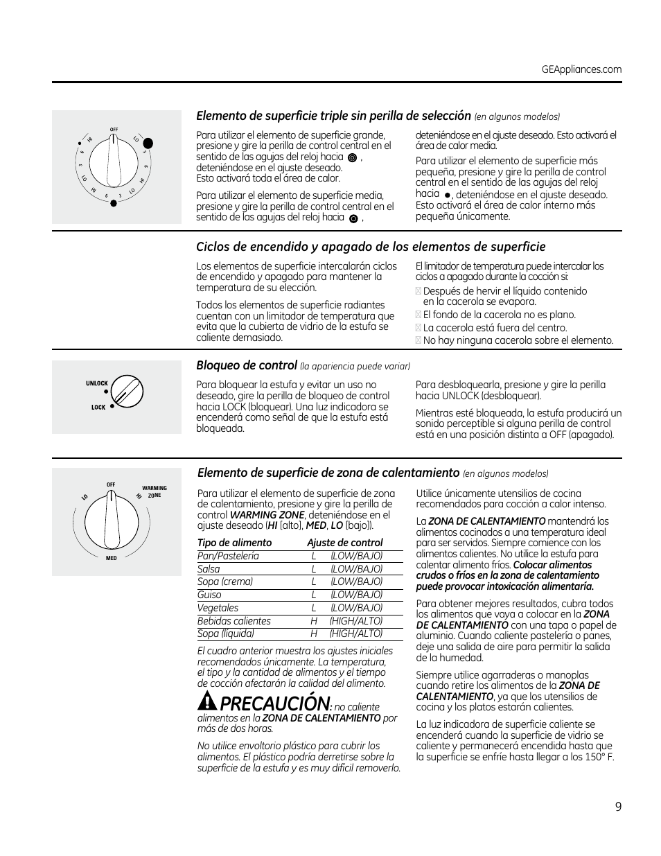 Bloqueo de control, Elemento de superficie, De zona de calentamiento | Precaución | GE PP912SMSS User Manual | Page 27 / 36