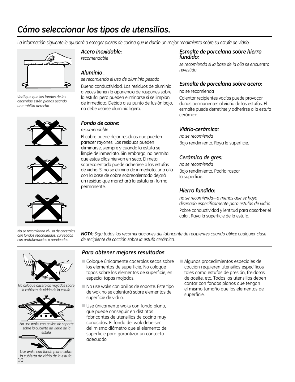 Consejos sobre los utensilios, De cocina , 11, Cómo seleccionar los tipos de utensilios | GE PP912SMSS User Manual | Page 28 / 36