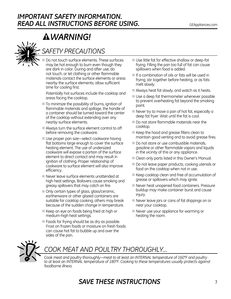 Warning, Cook meat and poultry thoroughly, Safety precautions | Save these instructions | GE PP912SMSS User Manual | Page 3 / 36