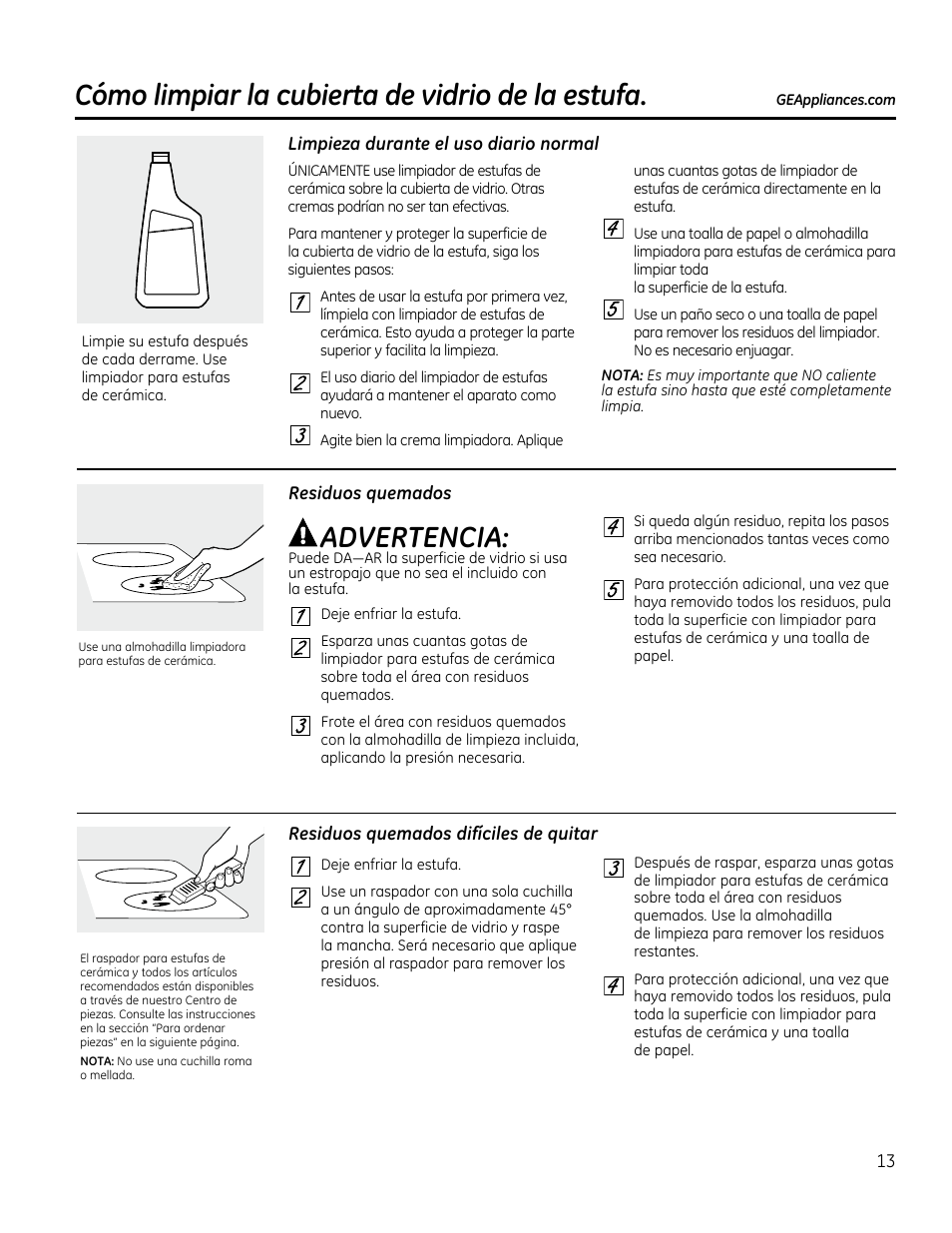 Superficie de vidrio , 14, Cómo limpiar la cubierta de vidrio de la estufa, Advertencia | GE PP912SMSS User Manual | Page 31 / 36