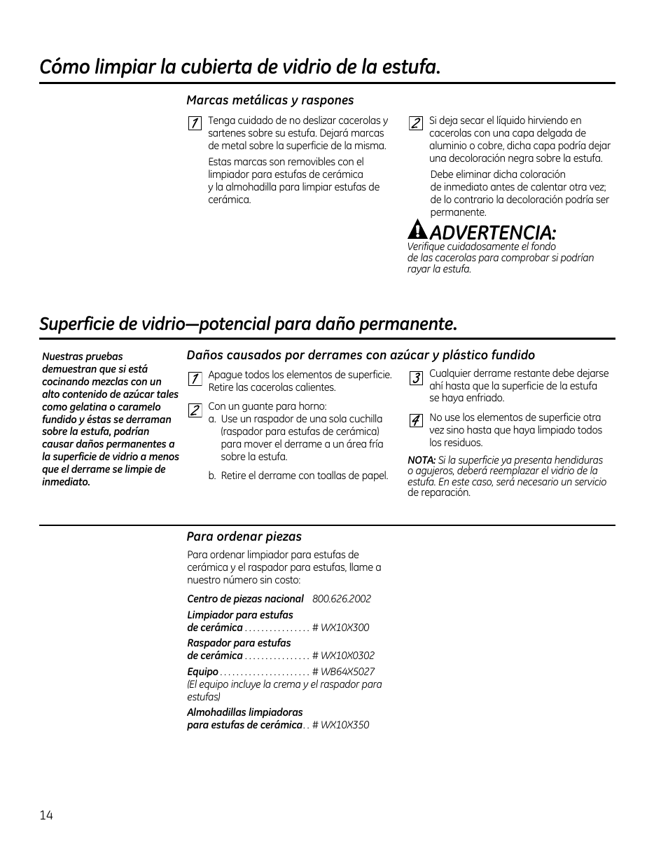 Cómo limpiar la cubierta de vidrio de la estufa, Advertencia | GE PP912SMSS User Manual | Page 32 / 36