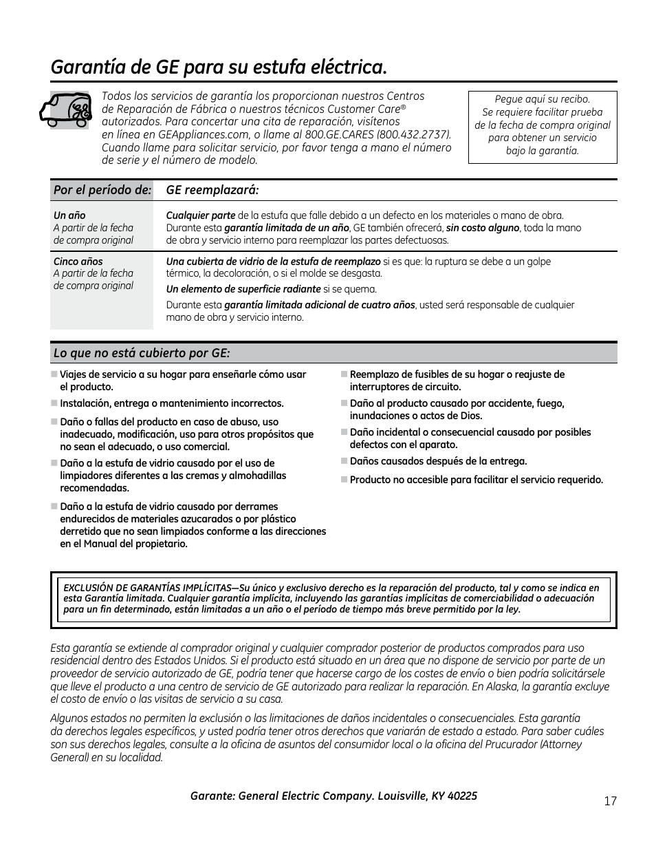 Garantía, Garantía de ge para su estufa eléctrica | GE PP912SMSS User Manual | Page 35 / 36