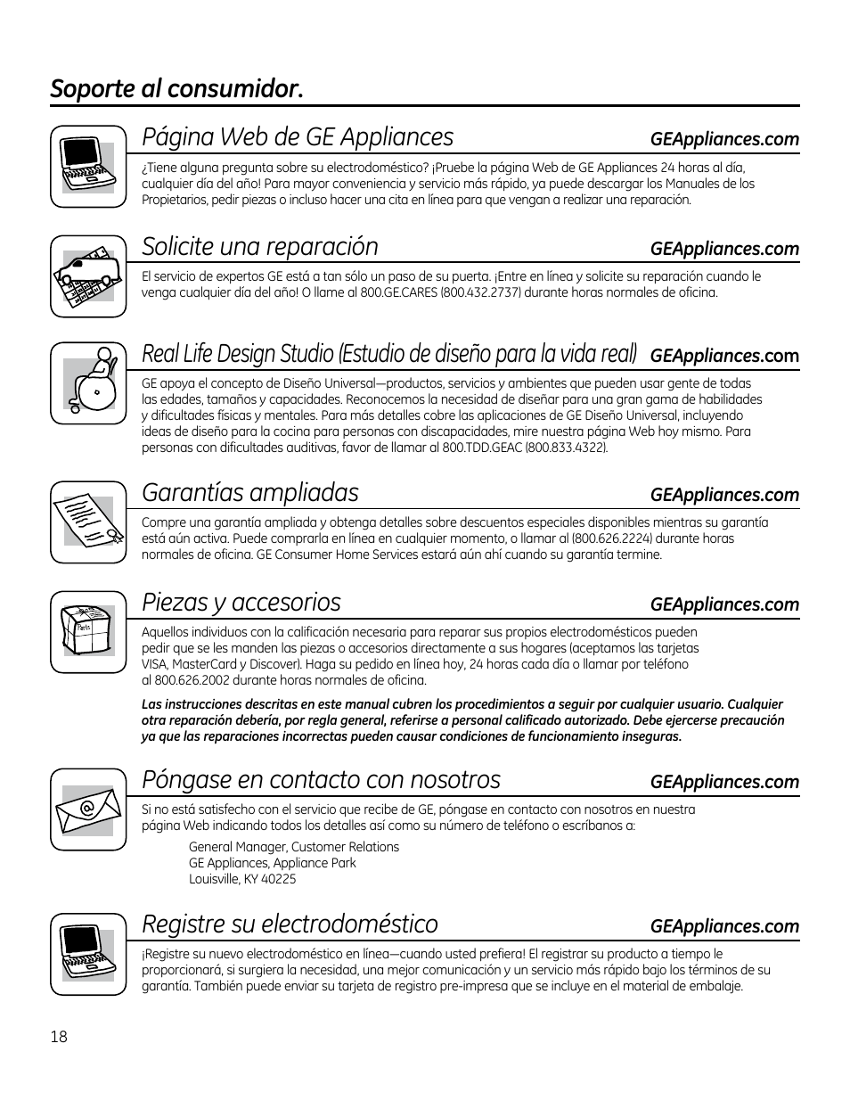 Soporte al consumidor, Soporte al consumidor. página web de ge appliances, Solicite una reparación | Garantías ampliadas, Piezas y accesorios, Póngase en contacto con nosotros, Registre su electrodoméstico | GE PP912SMSS User Manual | Page 36 / 36