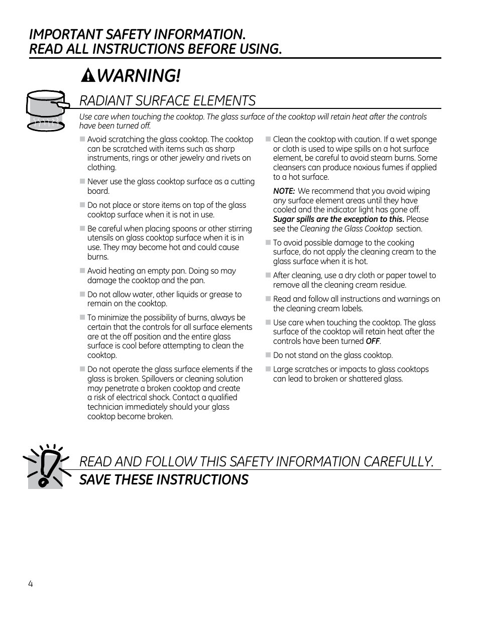 Warning, Radiant surface elements | GE PP912SMSS User Manual | Page 4 / 36