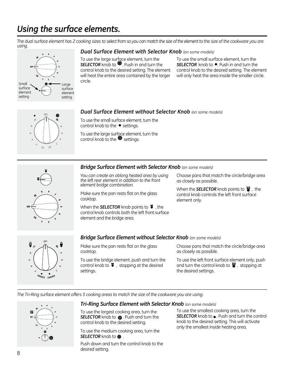 Bridge.surface.element, Dual.surface.element, Tri-ring.surface.element ,.9 | Using the surface elements, Bridge surface element with selector knob, Bridge surface element without selector knob, Dual surface element with selector knob, Tri-ring surface element with selector knob, Dual surface element without selector knob | GE PP912SMSS User Manual | Page 8 / 36