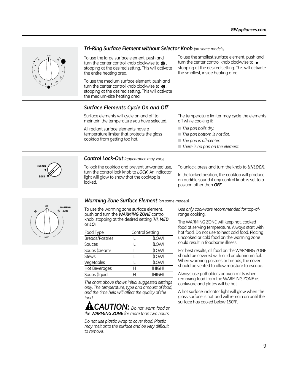 Control.lock-out, Warming.zone, Surface.element | Caution | GE PP912SMSS User Manual | Page 9 / 36