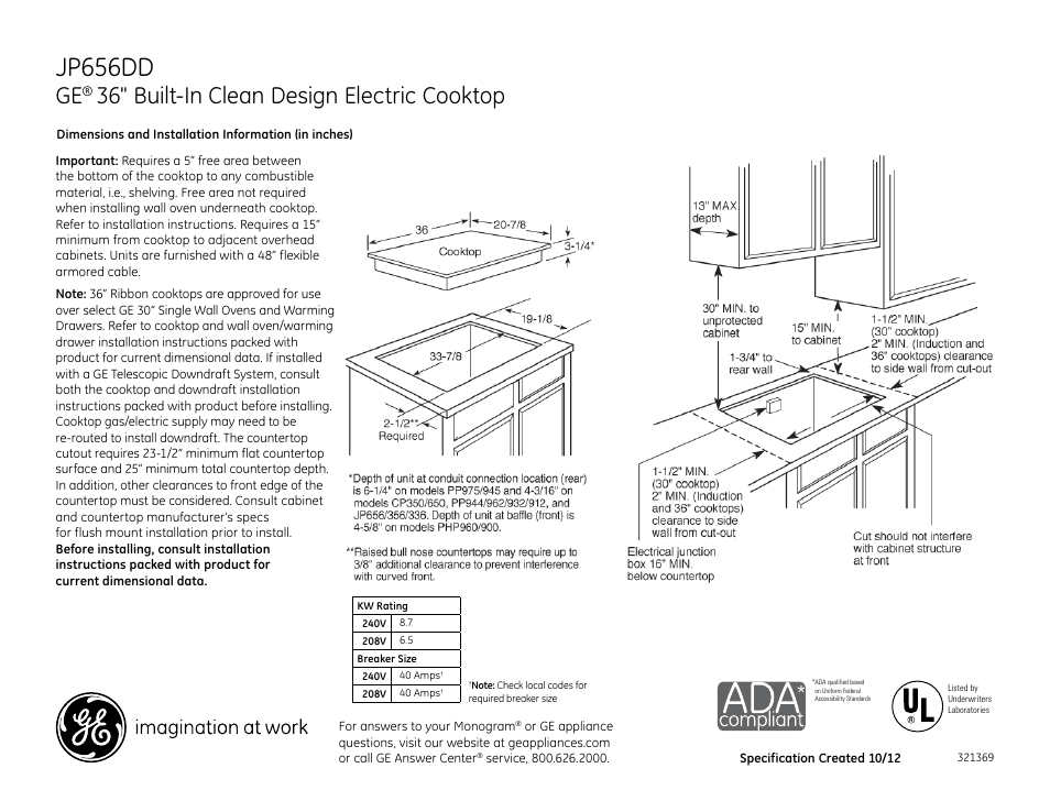 GE JP656DDBB User Manual | 2 pages