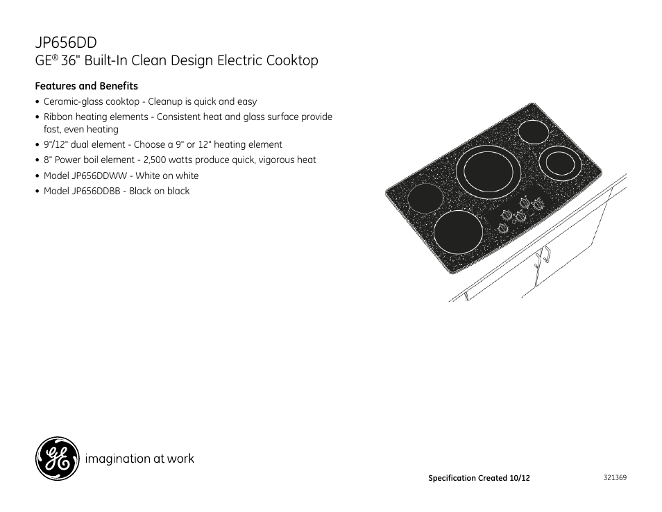 Jp656dd, 36" built-in clean design electric cooktop | GE JP656DDBB User Manual | Page 2 / 2