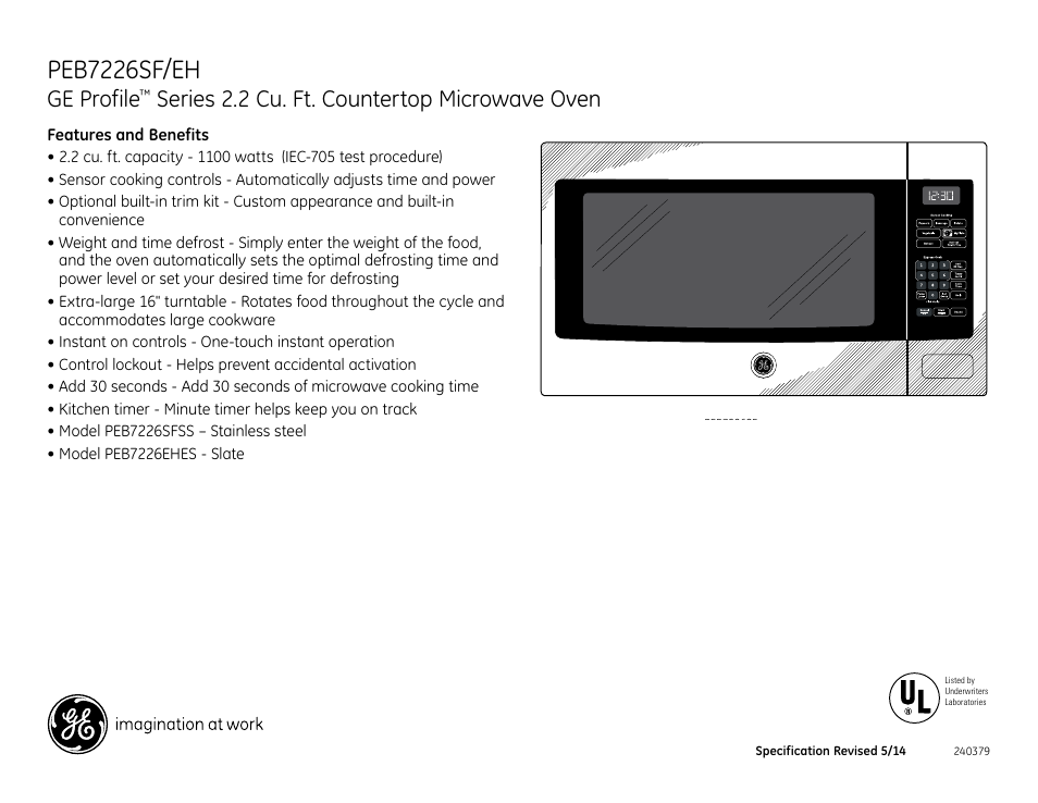 Peb7226sf/eh, Ge profile, Series 2.2 cu. ft. countertop microwave oven | GE PEB7226SFSS User Manual | Page 2 / 2