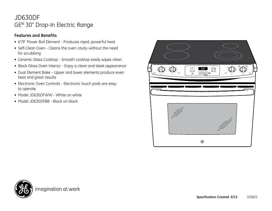 Jd630df, 30" drop-in electric range | GE JD630DFBB User Manual | Page 2 / 2