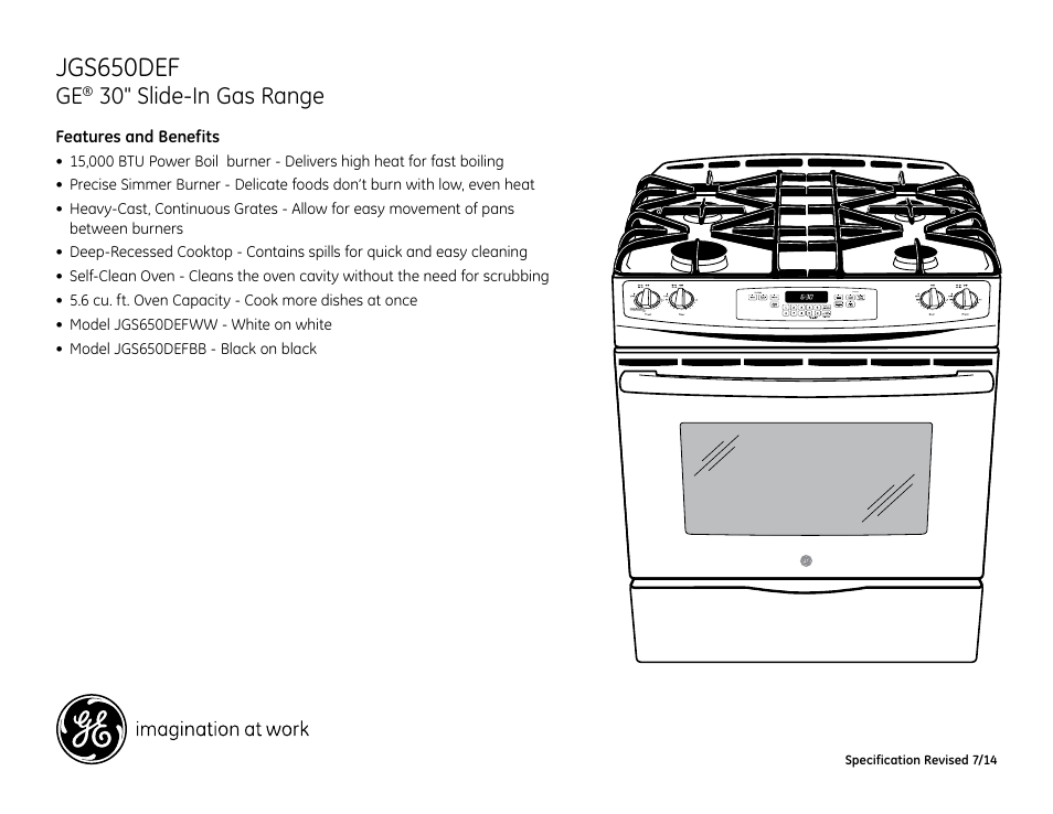 Jgs650def, 30" slide-in gas range | GE JGS650DEFBB User Manual | Page 2 / 2