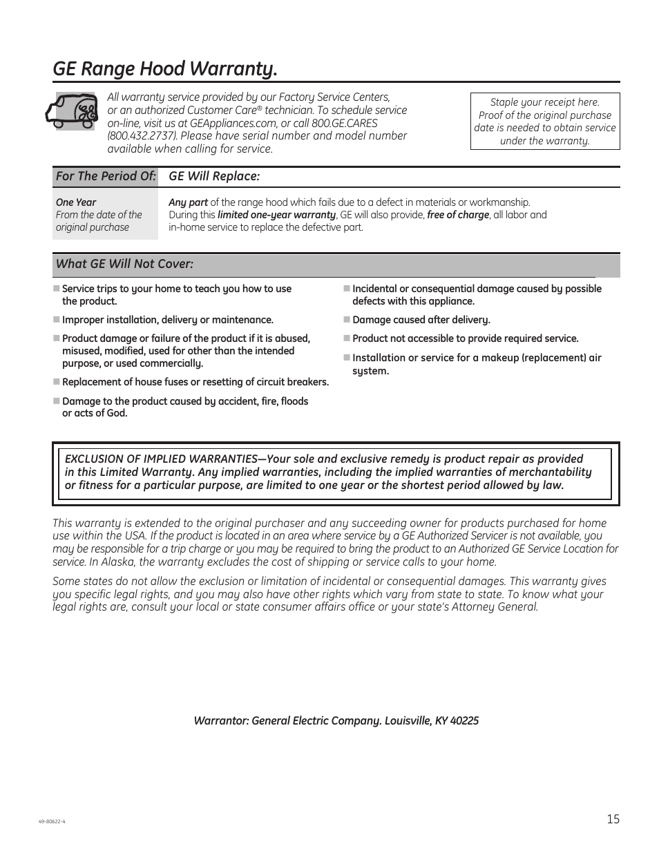 Ge range hood warranty | GE JVE40DTBB User Manual | Page 15 / 32