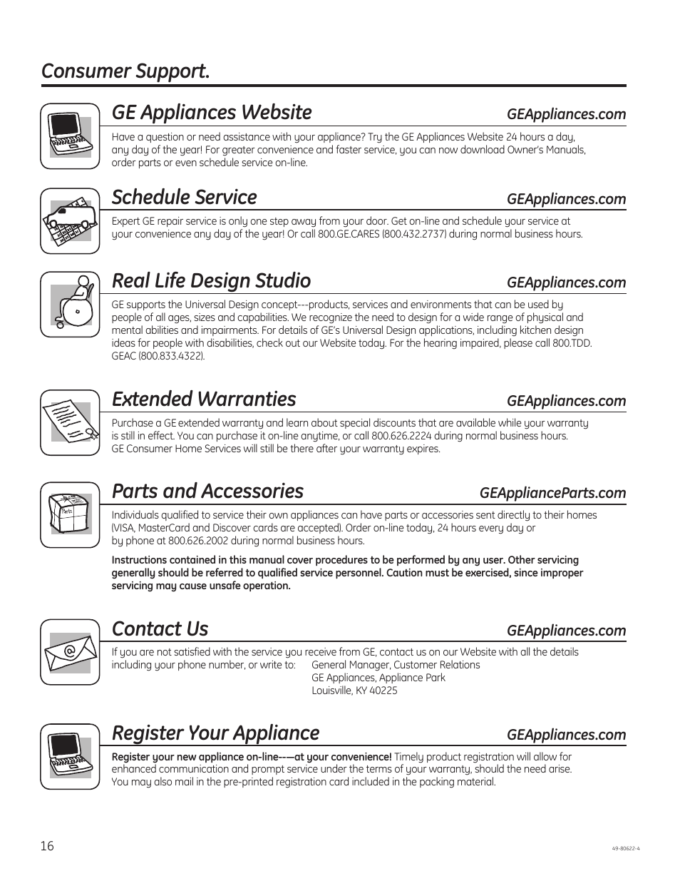 Ge appliances website, Schedule service, Real life design studio | Extended warranties, Parts and accessories, Contact us, Register your appliance, Consumer support | GE JVE40DTBB User Manual | Page 16 / 32